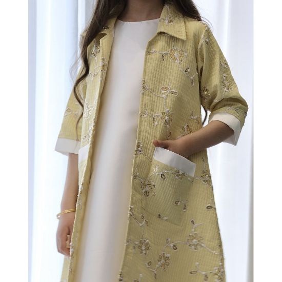 صورة طقم بناتي فستان وجاكيت مشجر أصفر بجيبين خارجية | تصميم رسمي - 1193